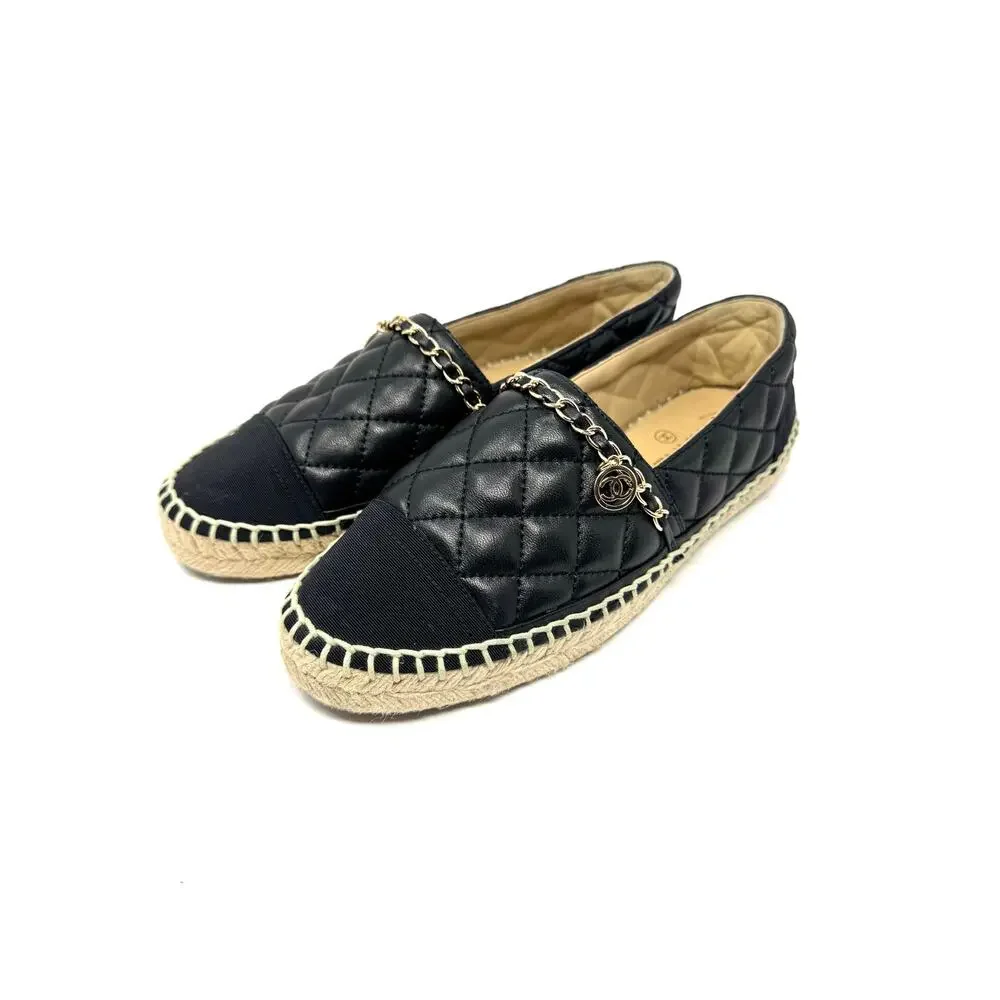 Chanel Black Quilted Leather Espadrilles w/ Gold Chain CC Charm Sz 38 | 8